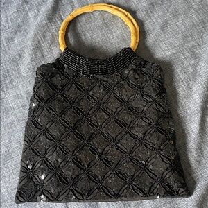 Elegant Black Beaded Women's Bag with Bamboo Handle